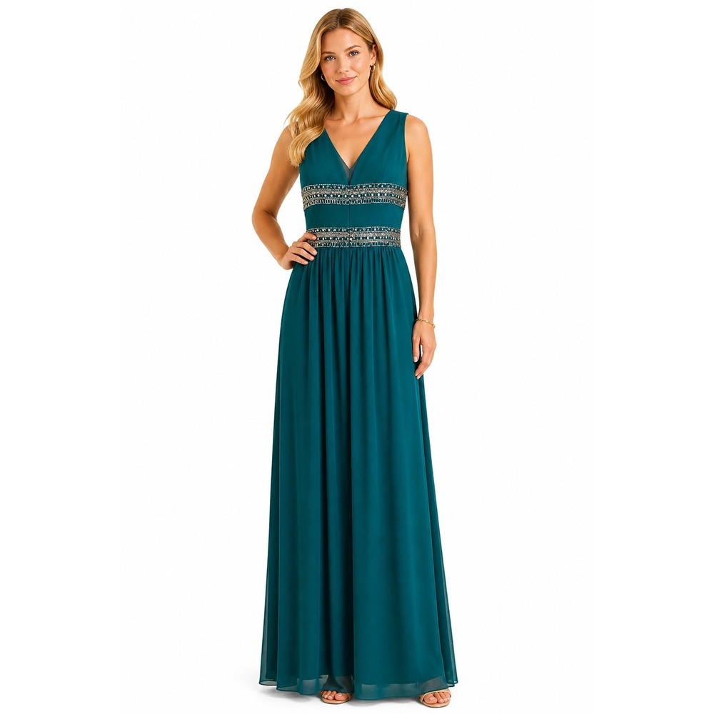 JS Collections Women Maxi Dress 16 Teal V Neck Sleeveless Beaded‎ Prom Gala